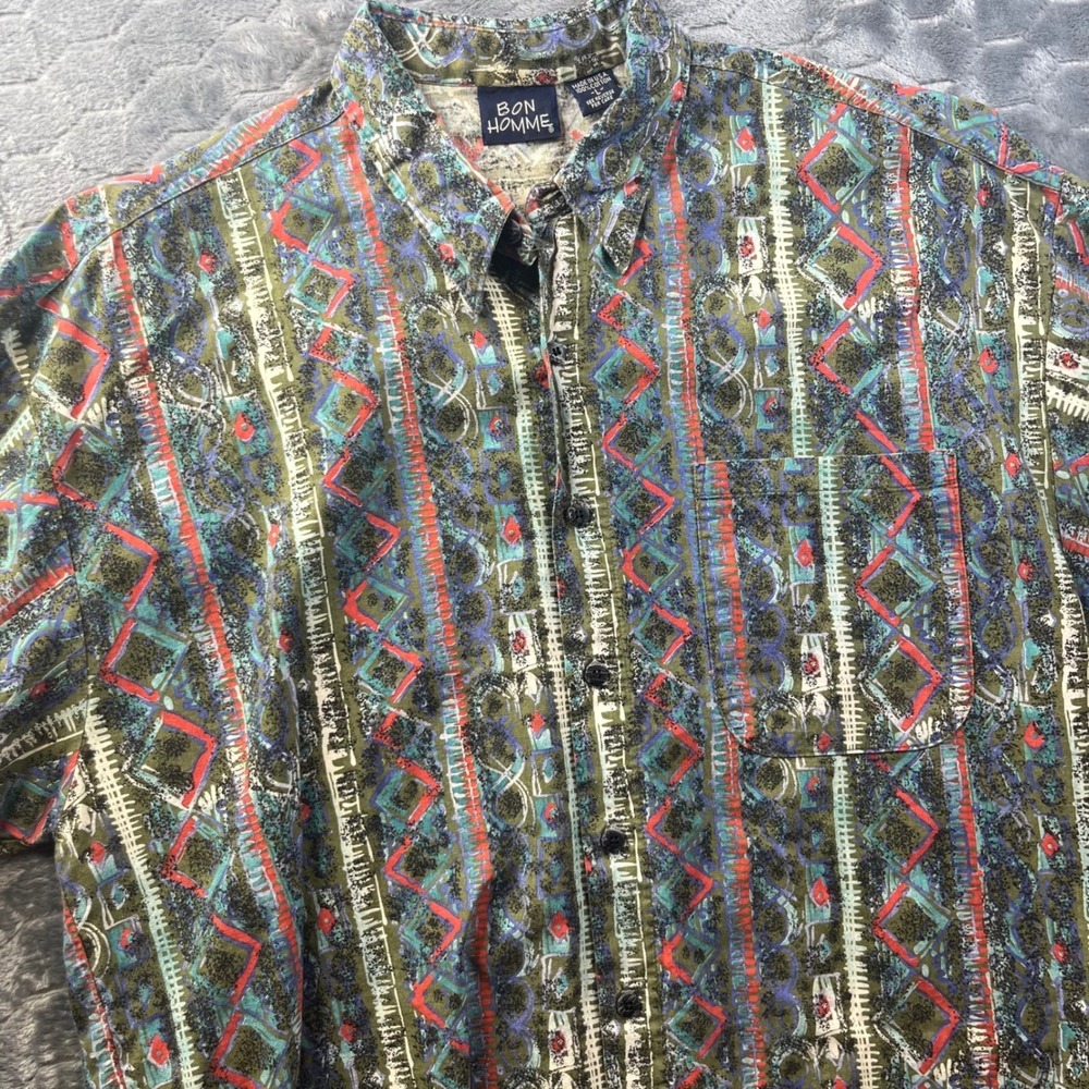 Bon Hommie Button Down Shirt Mens Large Multicolor Vintage 90s Geometric Cotton